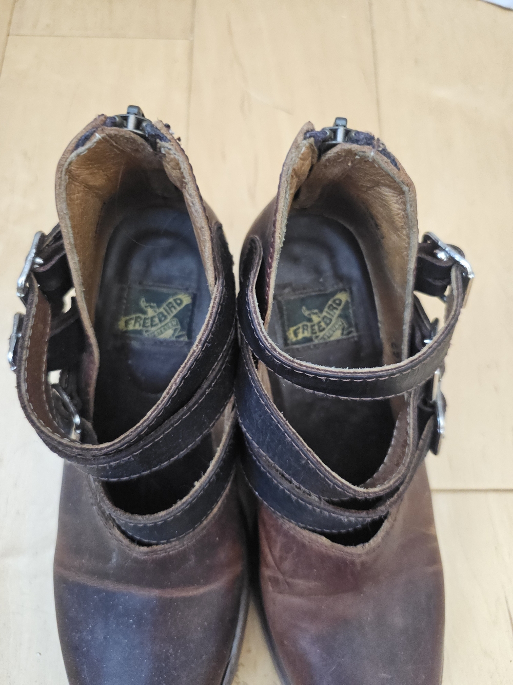 Freebird by Steven Dawson Booties Brown Distressed Leather Triple Buckle Boots - Picture 8 of 12